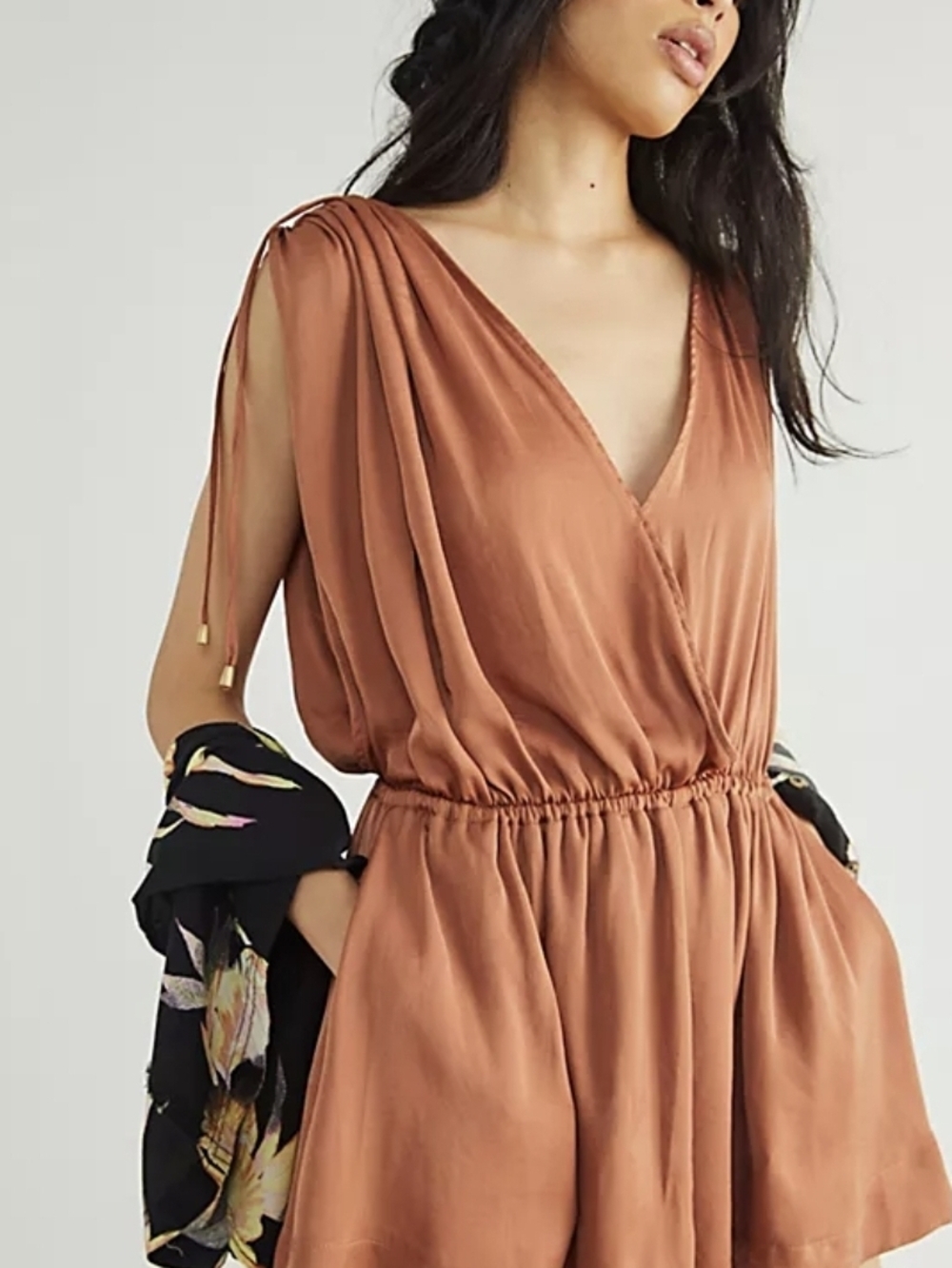 Free People Copper sleeveless V-neck romper with shoulder ties